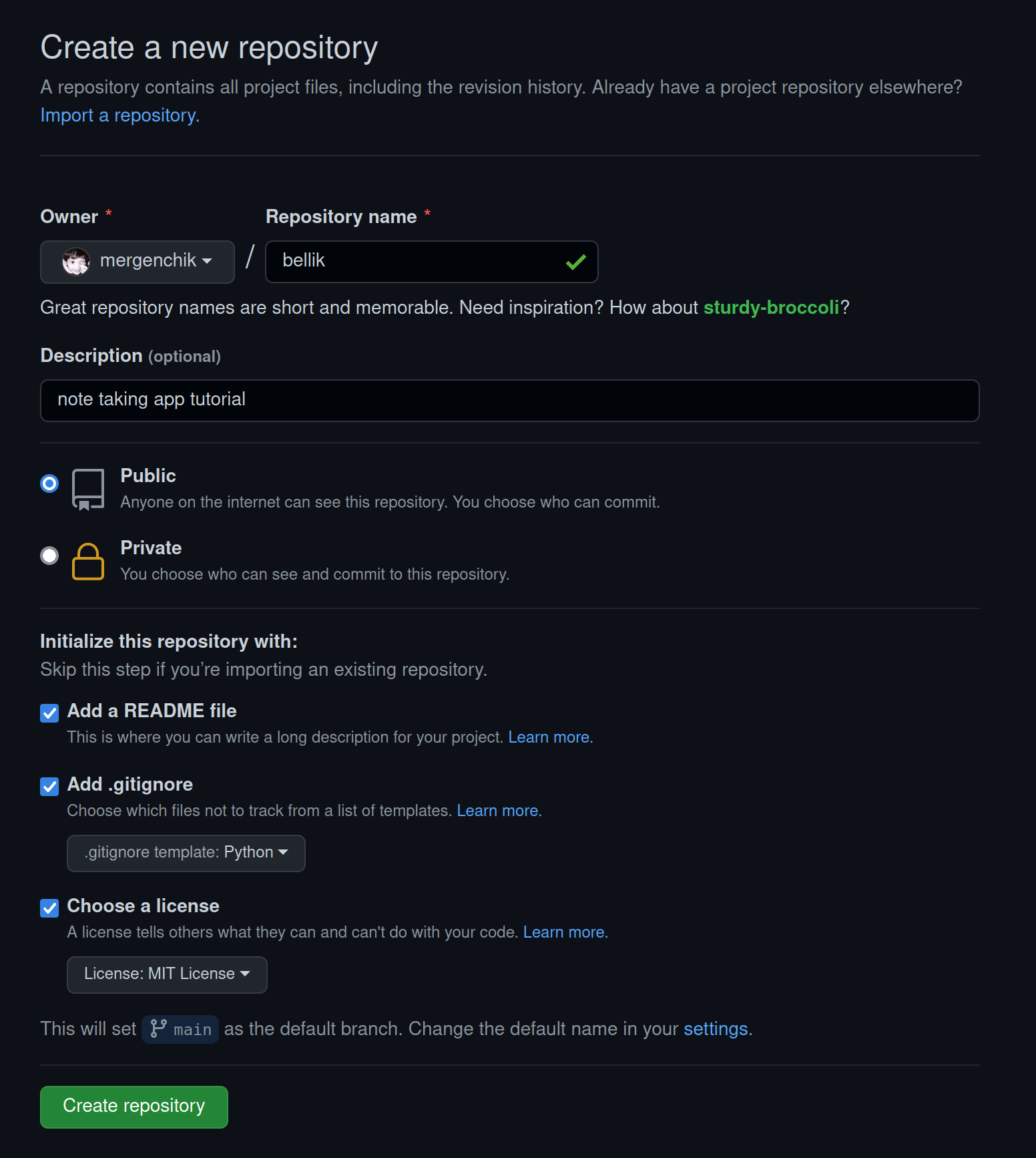 new repository screen